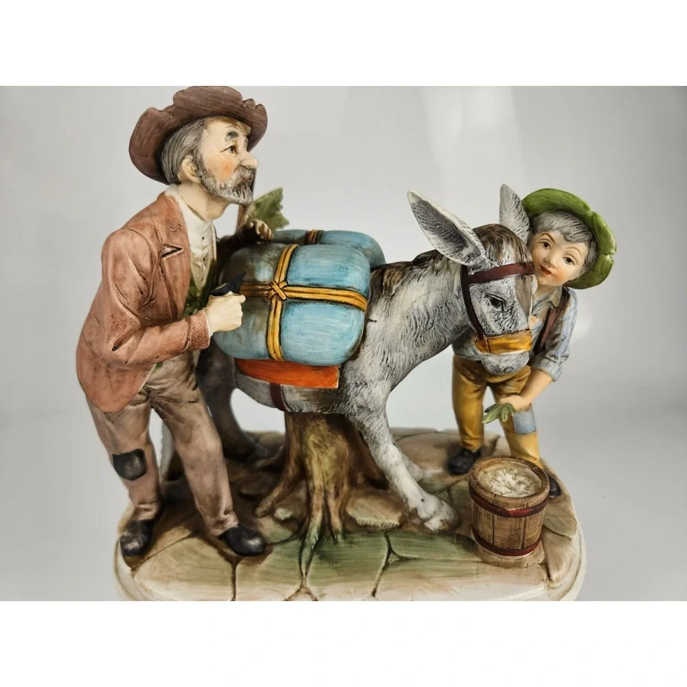 Vintage Set of 2 Donkey Cart Figurines Man Boy Far Donkey Scene‎ Rustic See Desc